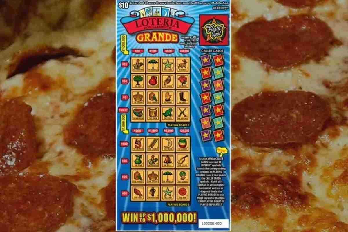 una pizza e davanti un gratta vinci