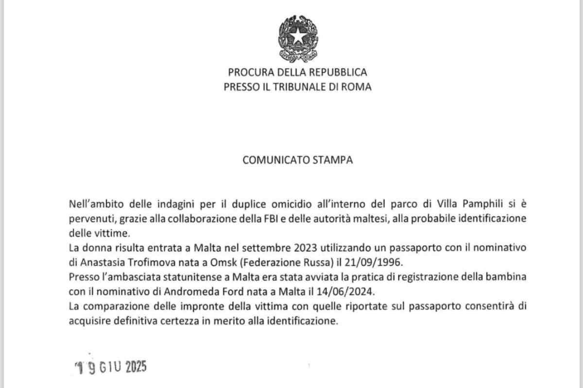 documento della procura di roma che certifica l'identità della donna uccisa