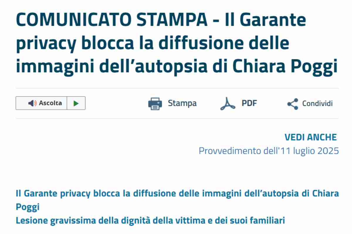la nota del garante della privacy sulla diffusione del video dell'autopsia di chiara poggi