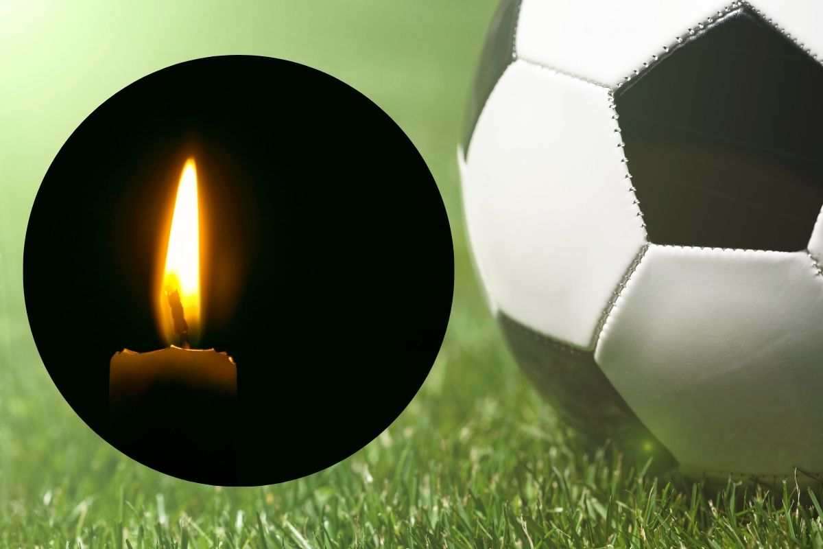 Un pallone da calcio e nel tondo una fiammella di una candela
