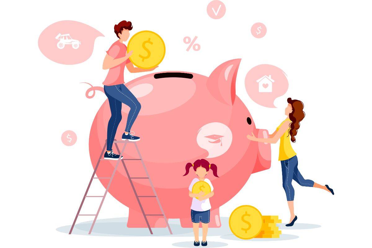 grafica con salvadanaio e famiglia