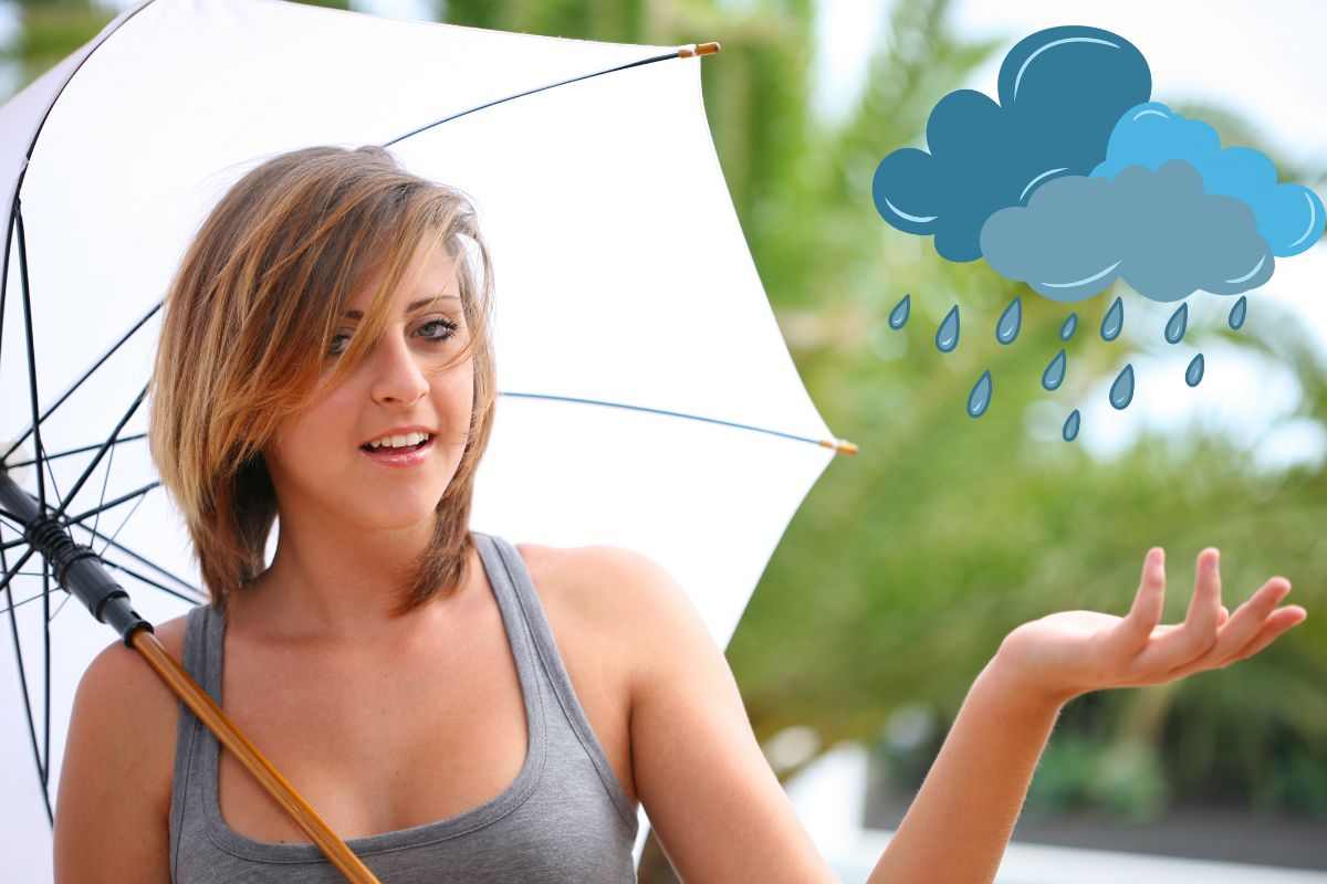 donna ombrello grafica nuvole e pioggia