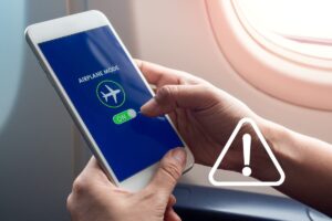 smartphone in mano in aereo e simbolo pericolo