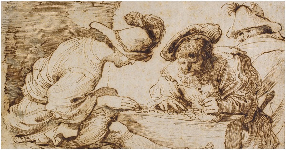 Soldati che contano denari. Penna e inchiostro, pennello e inchiostro acquerellato, carta bianca. Giovanni Francesco Barbieri, detto il Guercino (Cento, 1591 - Bologna, 1666)